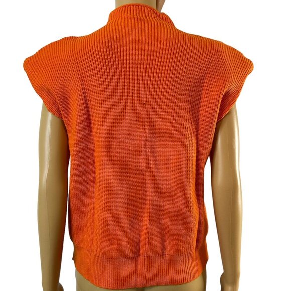 Women Sweater Shoulder Pad Knit Vest Medium Orange High Neck Cotton Top Knit - Picture 4 of 16